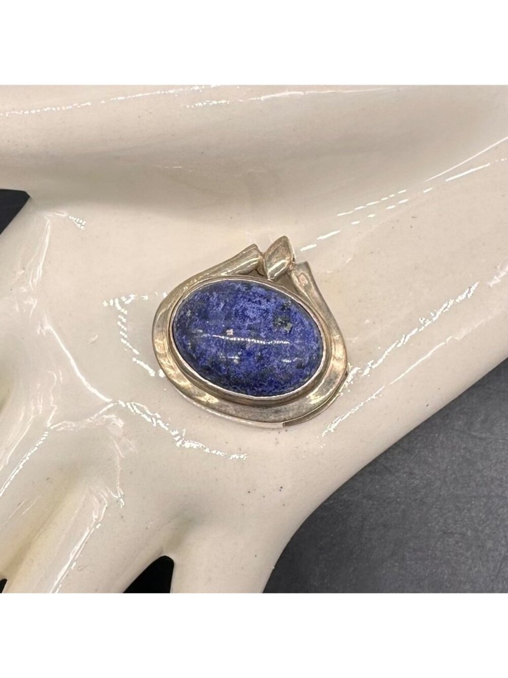Vintage Sterling Silver Lapis Lazuli Modernist Slide Oval Pendant Blue Western